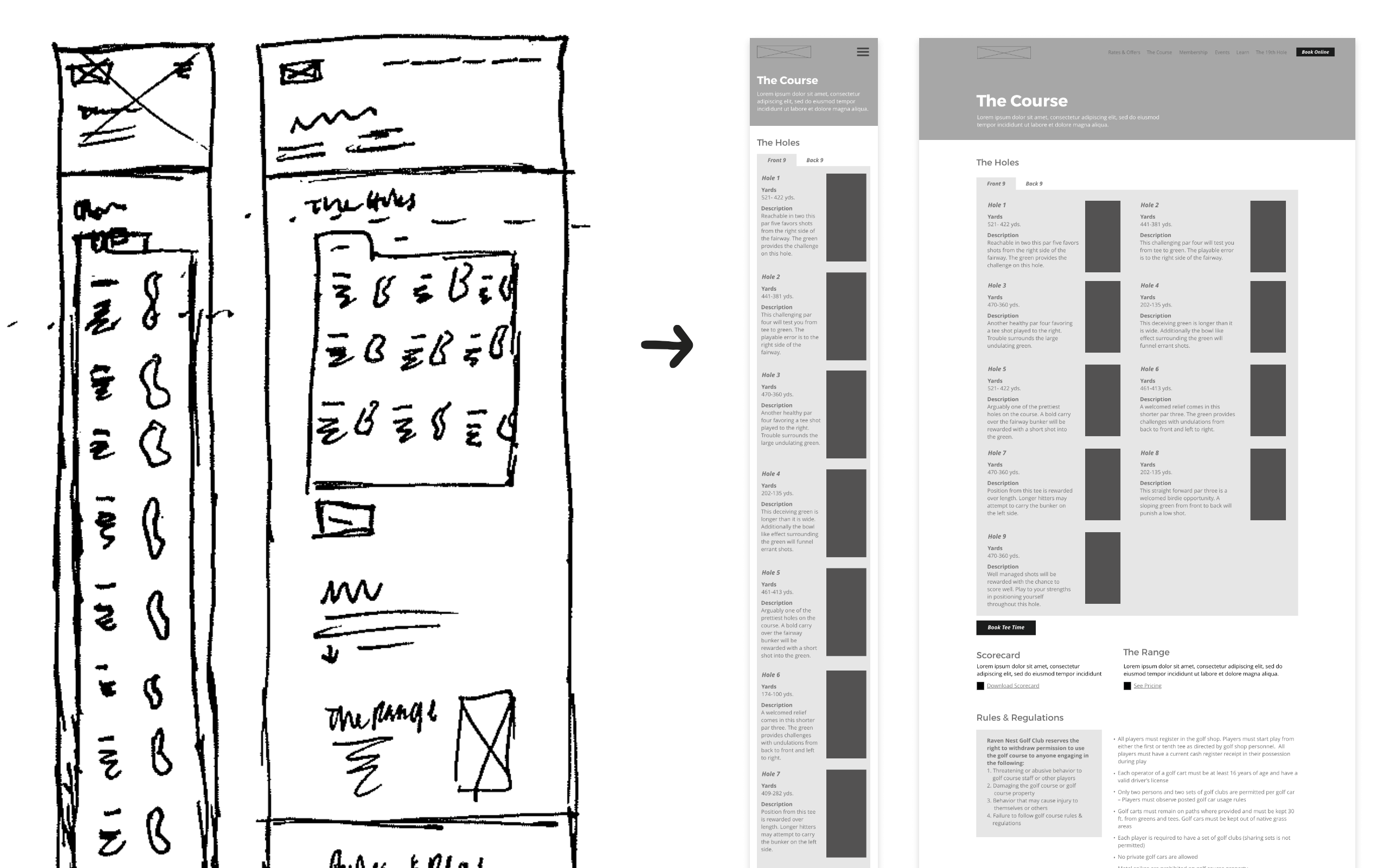 Rough sketches of course web page with arrow pointing to wireframe rendering