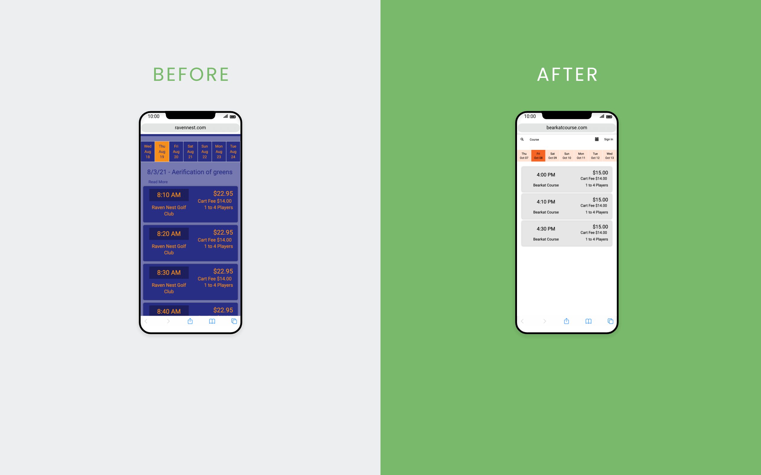 Before and after mockup of booking screen on mobile