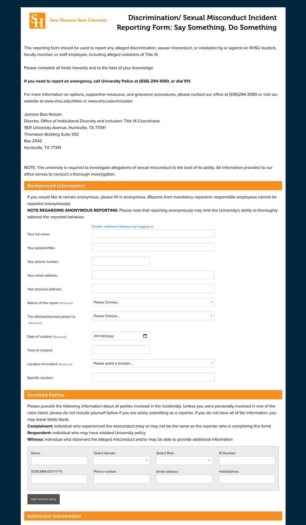 a clutter form with a dark blue background bright orange dividers with text and over 20 inputs