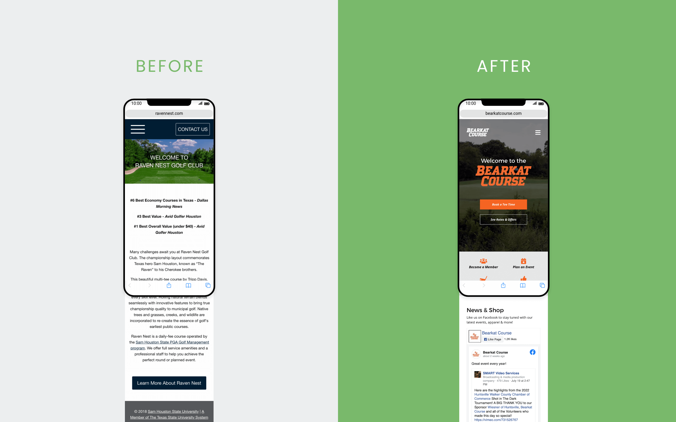 Before and after mockup of home page on mobile