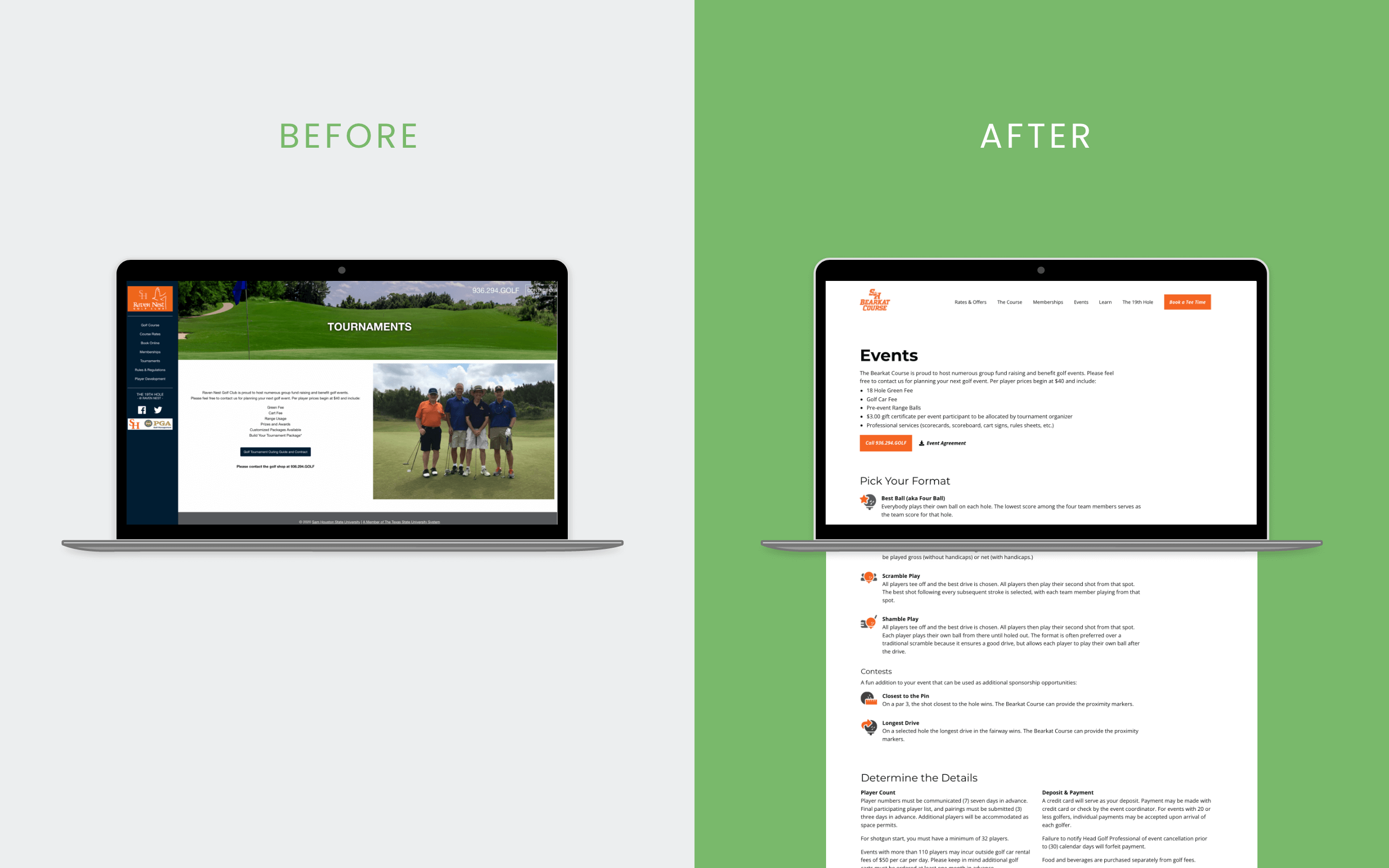 Before and after mockup of events page on desktop