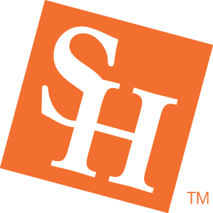 Sam Houston State University logo featuring an orange titled box with the letters s and h inside